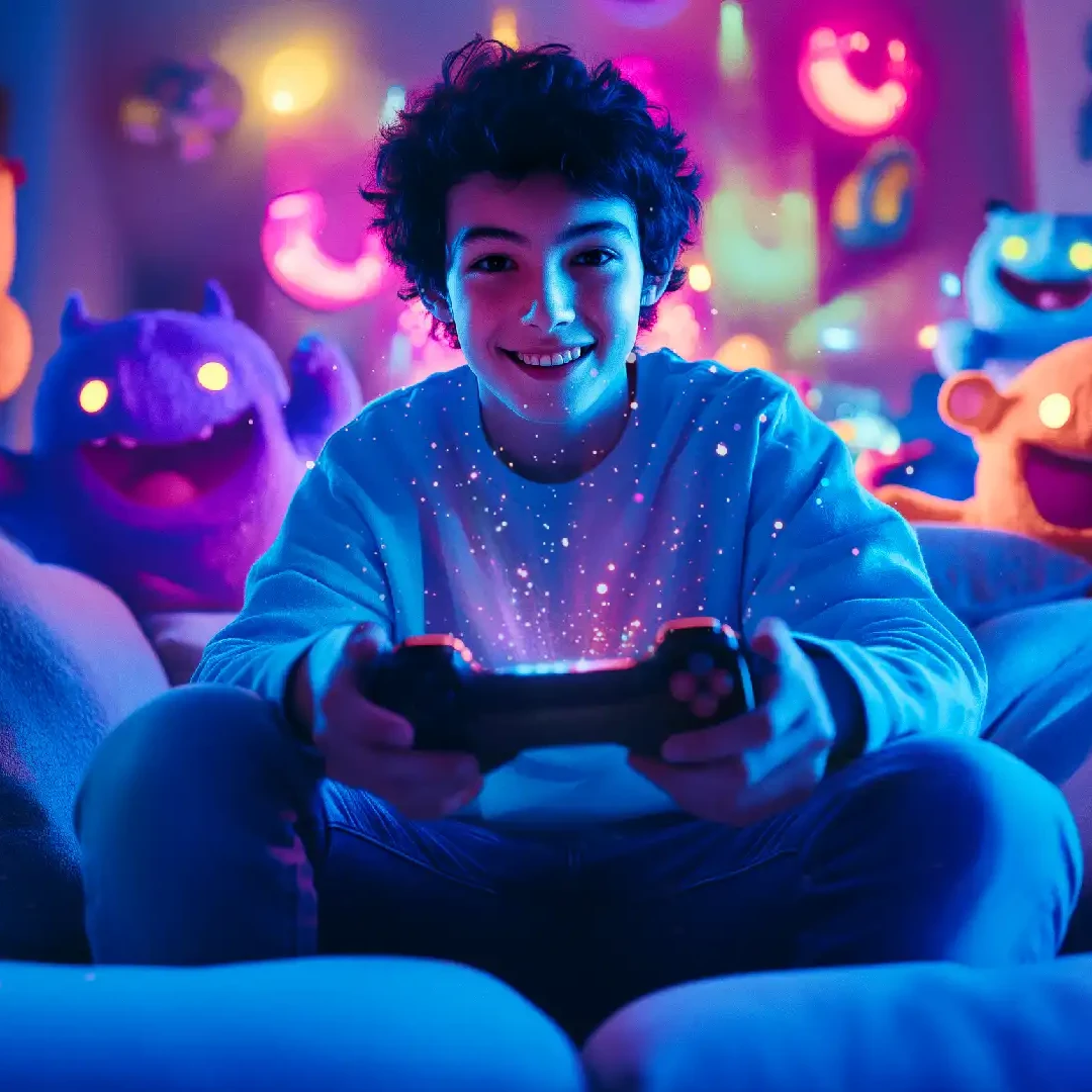 Image d'un adolescent avec une manette de console de de jeu video entouré de personnages fantastiques