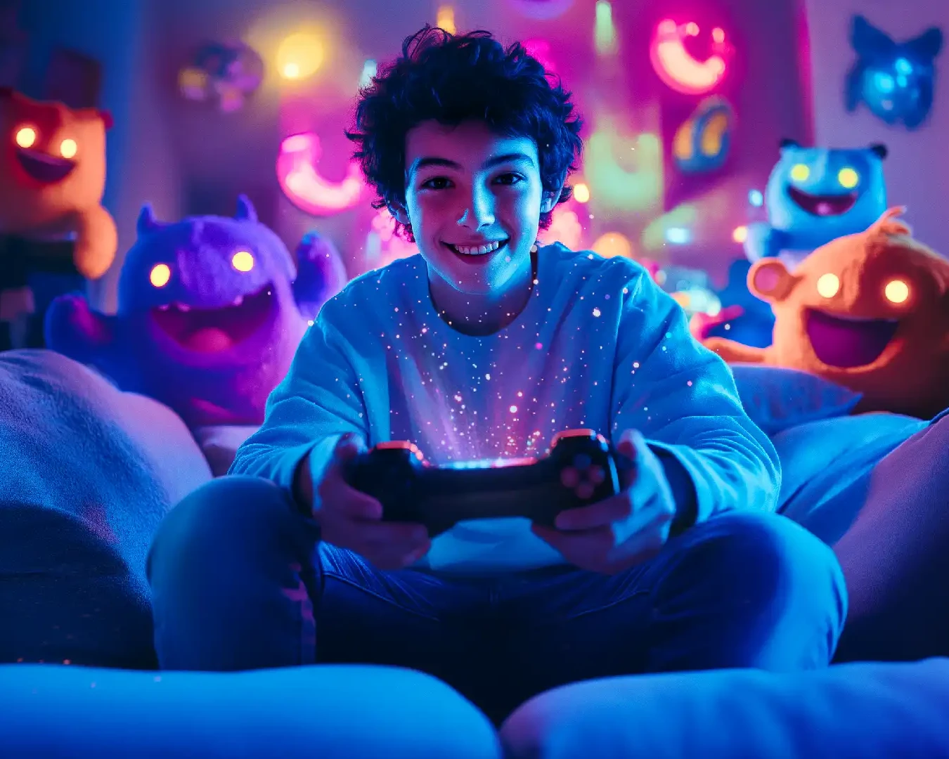Image d'un adolescent avec une manette de console de de jeu video entouré de personnages fantastiques