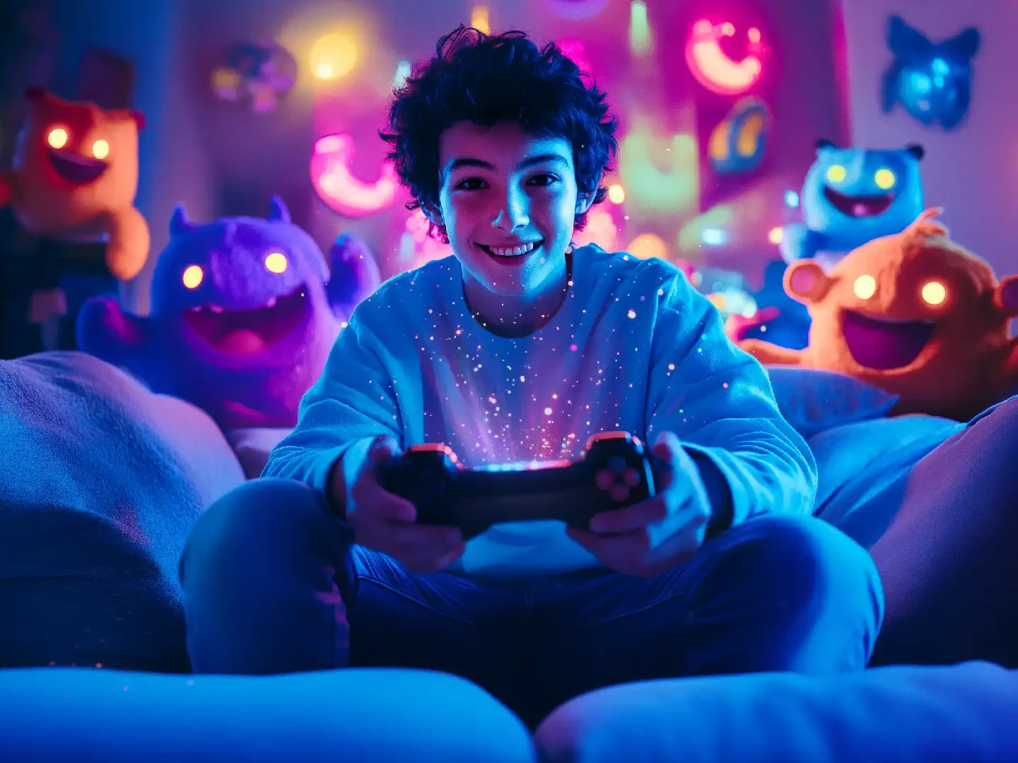 Image d'un adolescent avec une manette de console de de jeu video entouré de personnages fantastiques