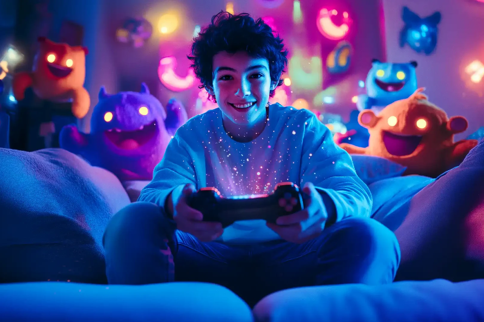 Image d'un adolescent avec une manette de console de de jeu video entouré de personnages fantastiques