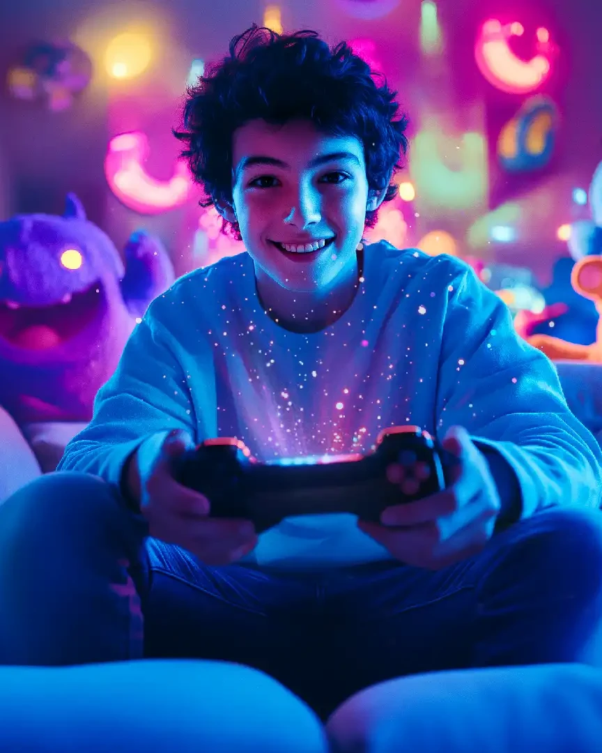 Image d'un adolescent avec une manette de console de de jeu video entouré de personnages fantastiques