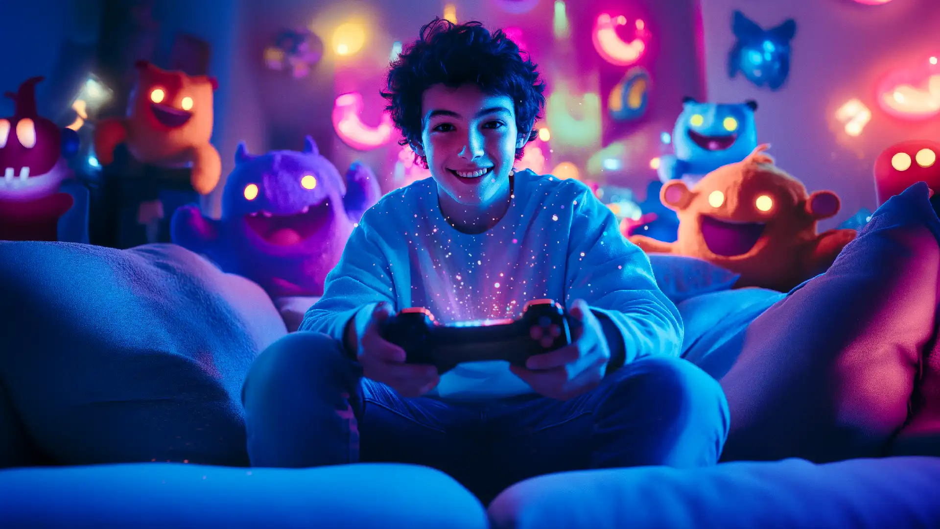 Image d'un adolescent avec une manette de console de de jeu video entouré de personnages fantastiques