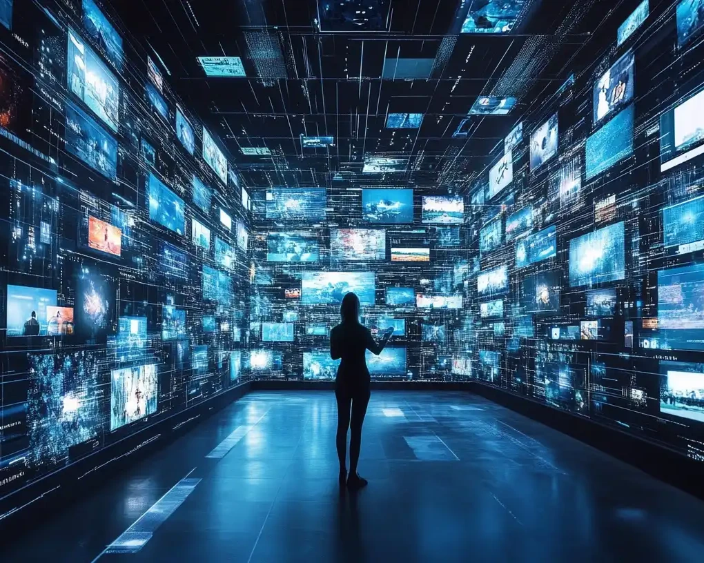 Image d'un personne entourée d'une multitude d'écrans et de contenus