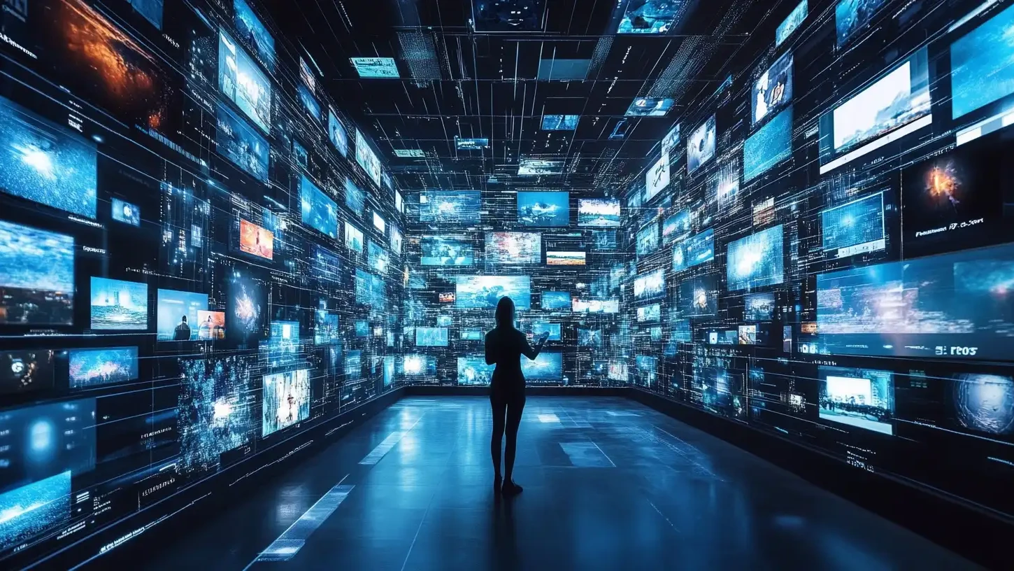 Image d'un personne entourée d'une multitude d'écrans et de contenus