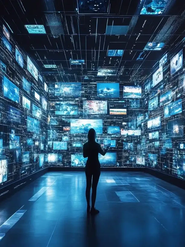 Image d'un personne entourée d'une multitude d'écrans et de contenus