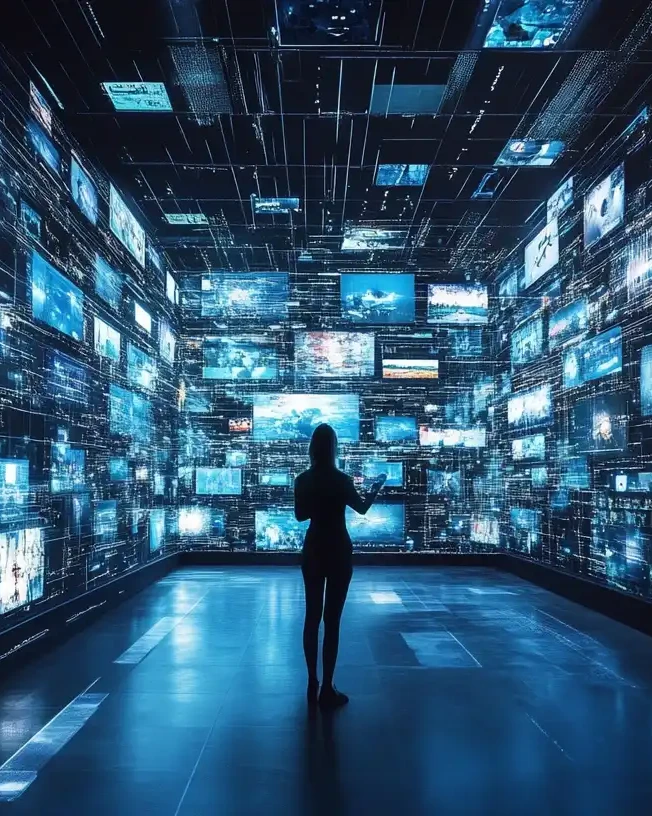 Image d'un personne entourée d'une multitude d'écrans et de contenus