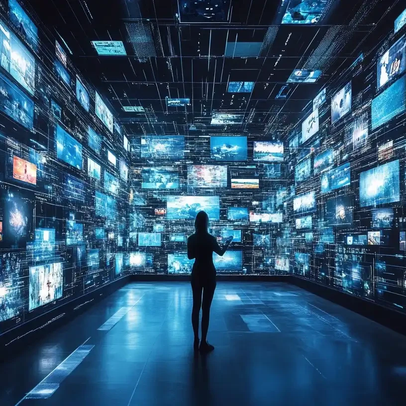 Image d'un personne entourée d'une multitude d'écrans et de contenus