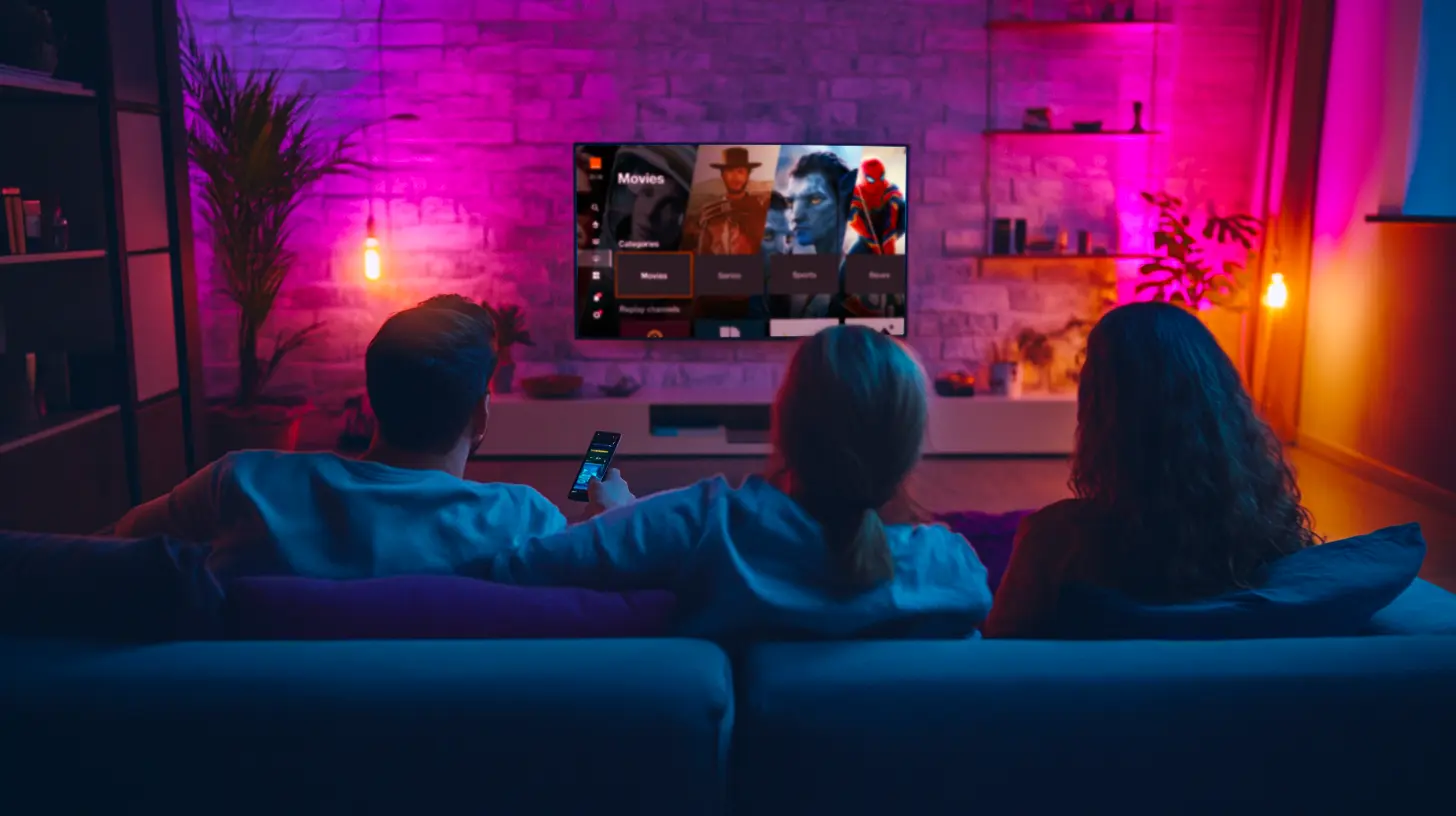 Une famille regarde la TV dans le canapé du salon dans une ambiance colorée